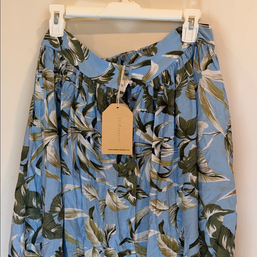 Light Blue Floral Maxi Skirt with Green Leaf Print - Picture 2 of 9